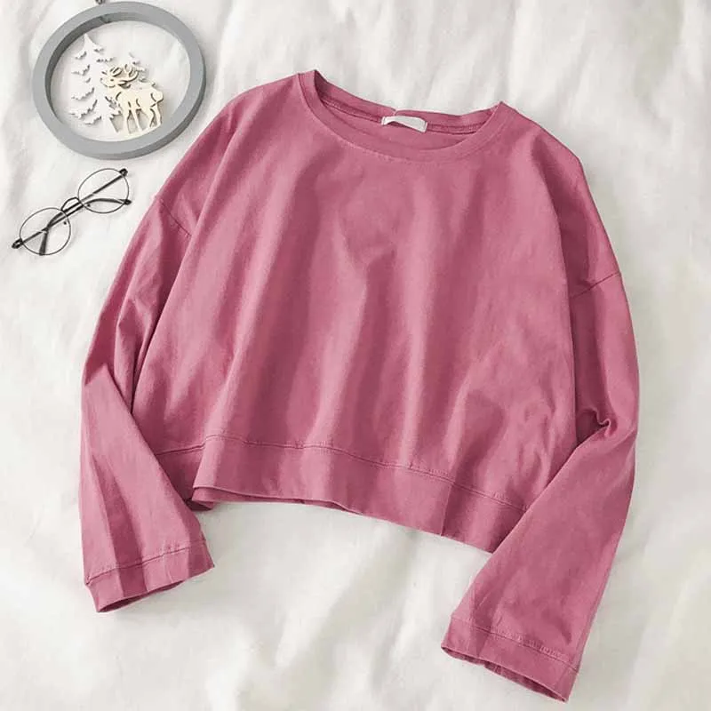 Plus Size Early Autumn New Korean Style Simple Solid Color Short Sweetshirts Loose Casual O-neck Thin Tops Women Clothing 11751
