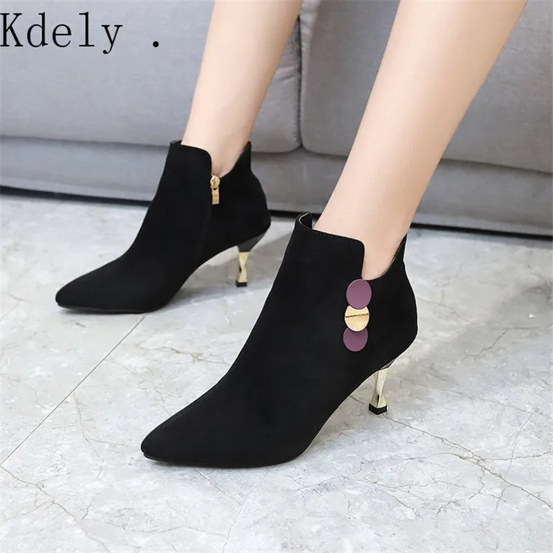 

Женские ботинки с острым носком, на высоком каблуке-шпильке, Зимние удобные ботинки, 2019