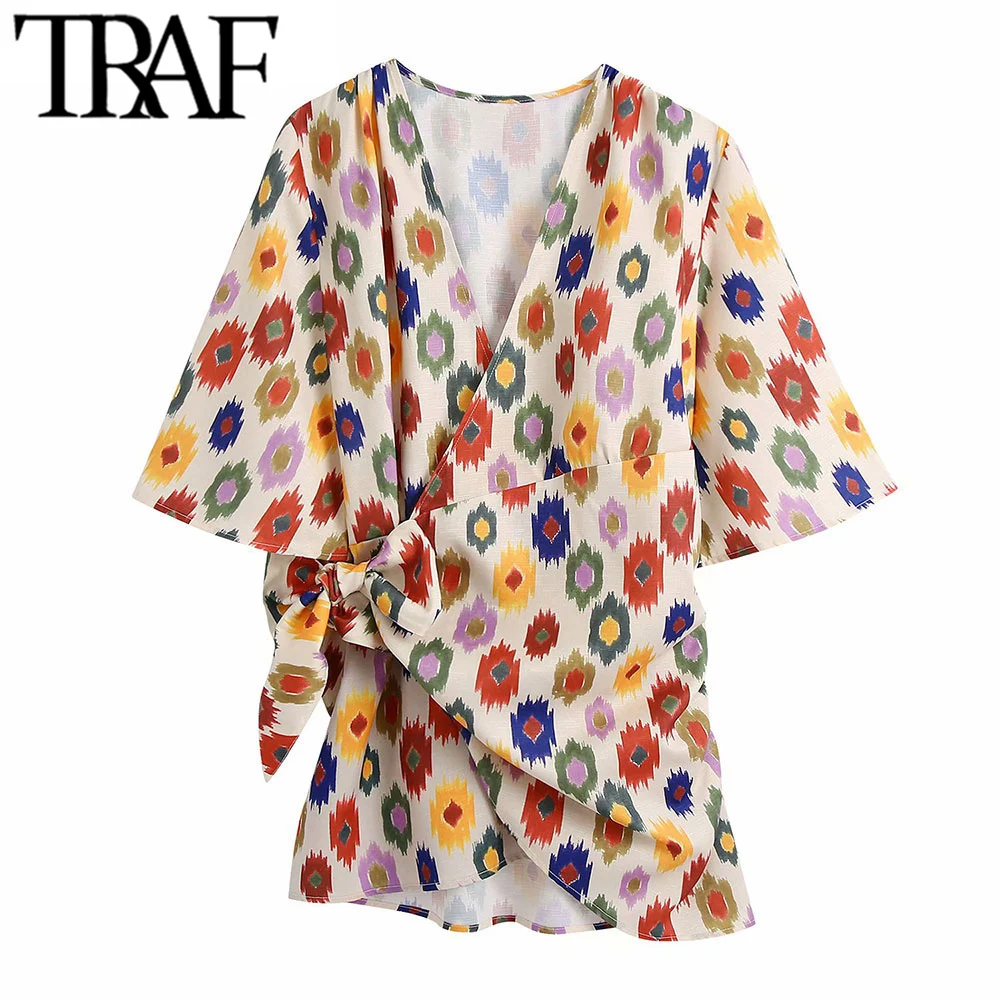 

TRAF Women Fashion Side Pleats Printed Wrap Mini Dress Vintage V Neck Three Quarter Sleeve Female Dresses Vestidos