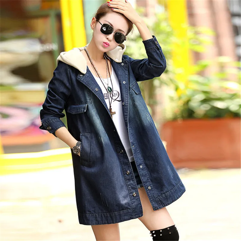 Женский джинсовый тренчкот Новинка весна-осень 2019 верхняя одежда с капюшоном