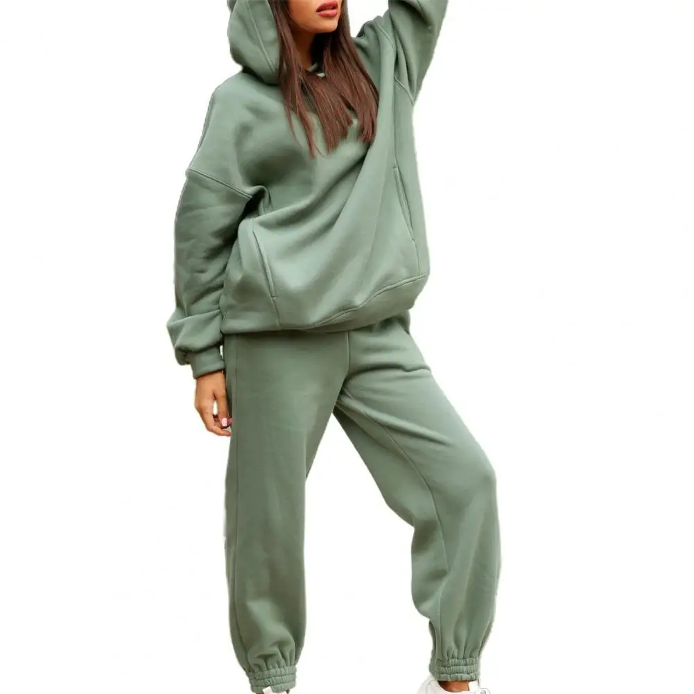 

Casual Tracksuit Solid Color Hooded Pockets Women Outfit Two Piece Long Sleeve Sweatshirt Elastic Waist Sweatpants Set Streetwea