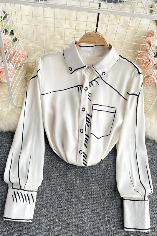 

2021 Spring Autumn Button Up Shirt Graffiti Line Printed Long Sleeve Women Top Graceful Korean Fashion Simple Office Lady Blouse