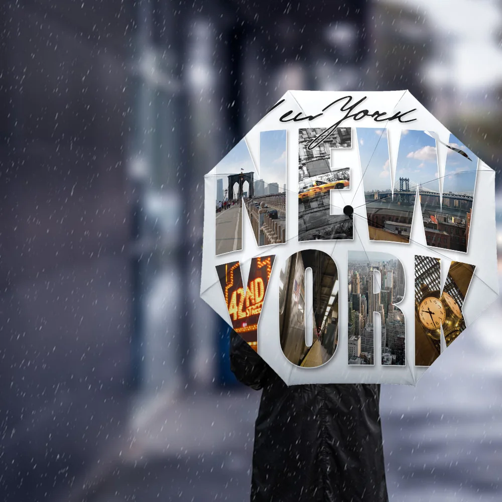 New York English Text Landscape Foldable Automatic Umbrella Luxury Men and Women Waterproof | Дом и сад