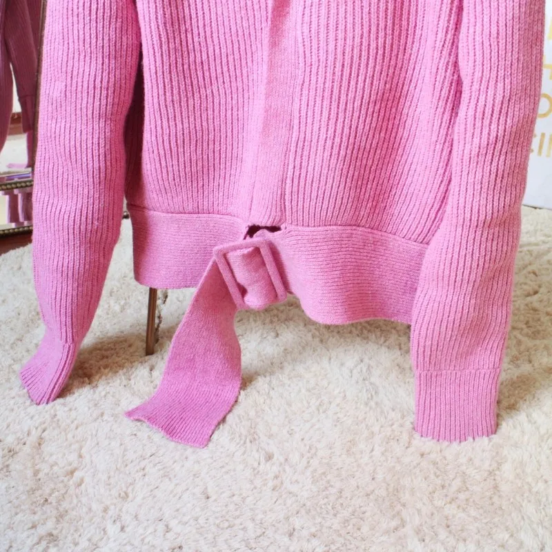 

Fashion V-Neck High Waist Knitting Sweaters Female Sweet Sashes Pink Short Coat Elegant Office Lady Long Sleeve Sweater Outwear