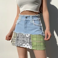 summer cowgirl a line skirts new personality stitching contrast color skirt raw hem high waist denim skirt 2021 womens clothing