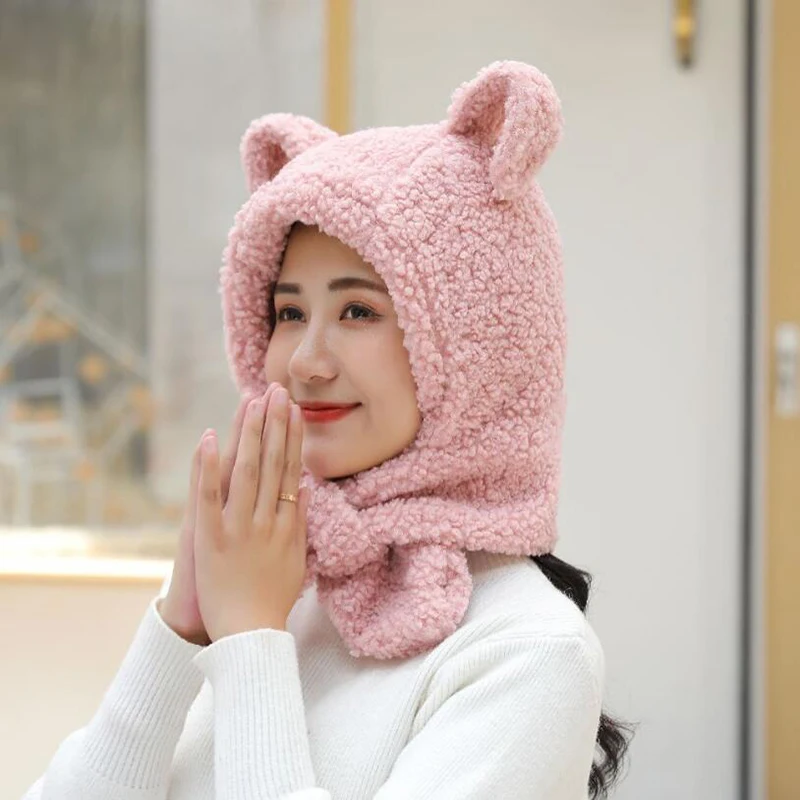 

Winter Hat and Scarf One Thickened Warm Earmuffs Adult Lamb Cashmere Korean New Casual All-Match Hood