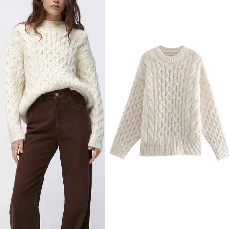 

KUMSVAG Women Autumn ZA Loose Pullover Sweater 2021 Fashion Knitting O-Neck Solid Female Elegant Casual Ribbed Sweater Clothes