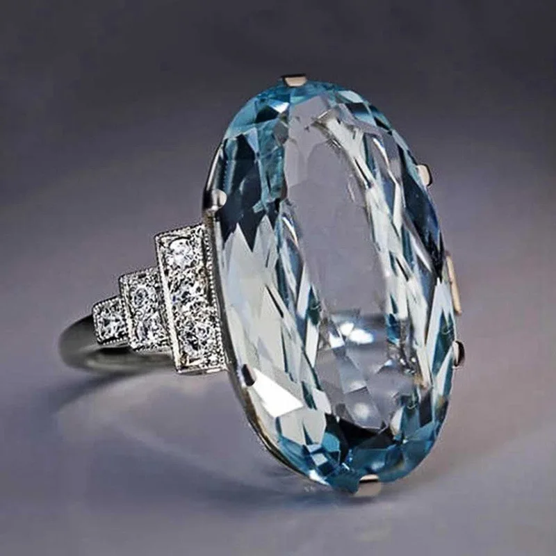 

Exquisite Fashion Silver Plated Sea Blue Crystal Ring Women's Proposal Engagement Jewelry Cocktail Jewelry Christmas Gift