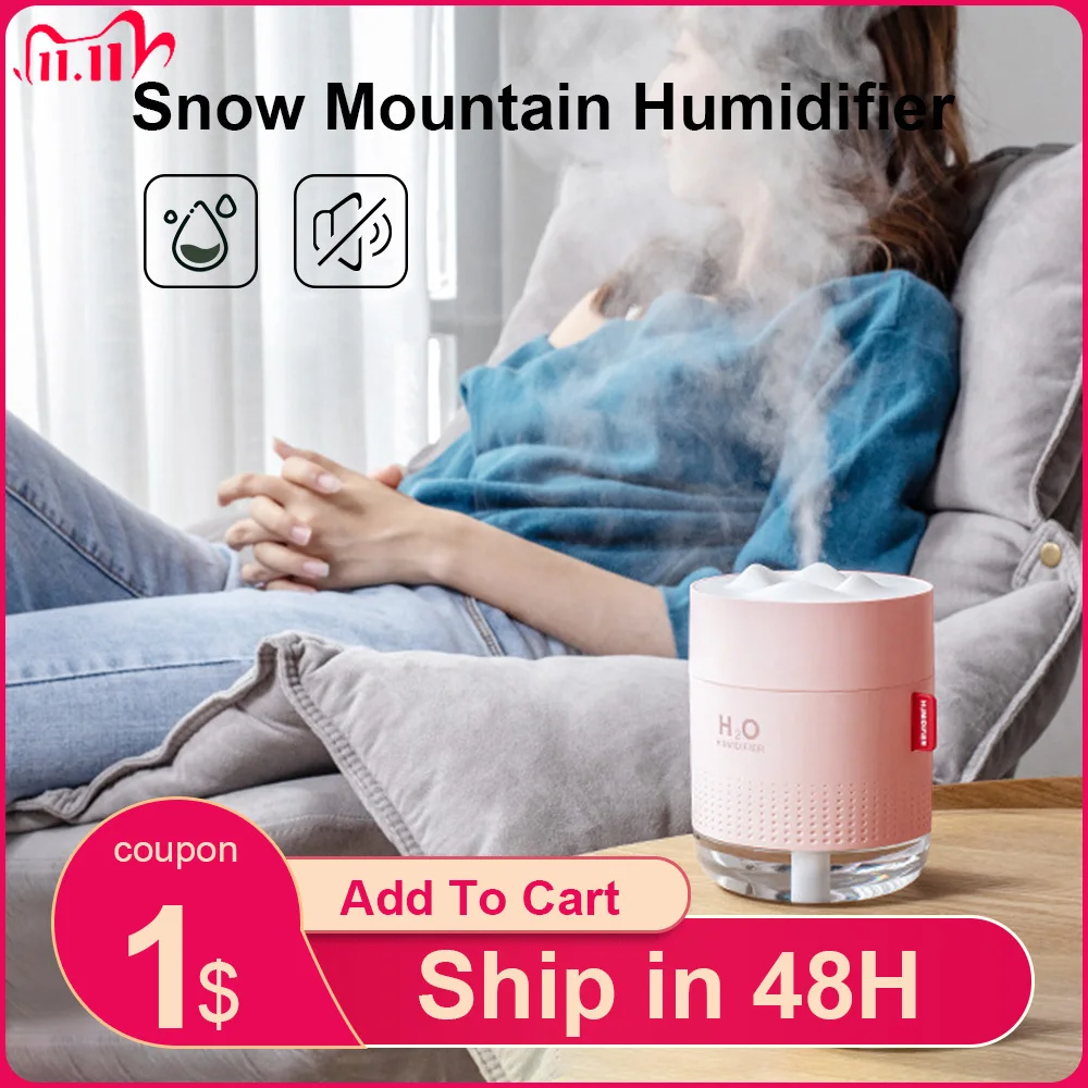 

Snow Mountain Humidifier Cool Mist 500ml USB Powered Whisper-Quiet Operation Automatic Shut-Off Night Light Function Pink