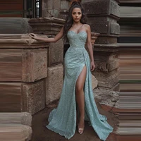 womens long tulle prom party dresses strapless sweetheart beaded formal evening gowns sexy high slit floor length pleated robe
