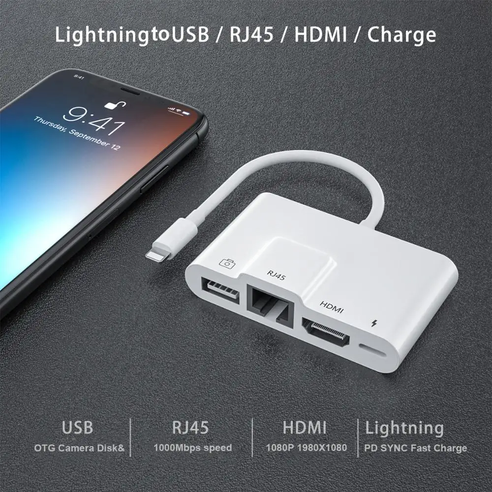 

4in1 100Mbps Lan RJ45 Net Work 1080P HDMI USB OTG Camera Charging Adapter Hub For iPhone SE XS XR 11 12 Mini Pro Max 7 8 Plus