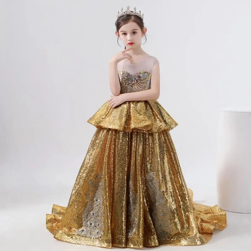 New Luxury Gold sequin flower girl dress Sleeveless High-end show princess gown Modis Kids Wedding Party Dress Vestidos Y2035 |