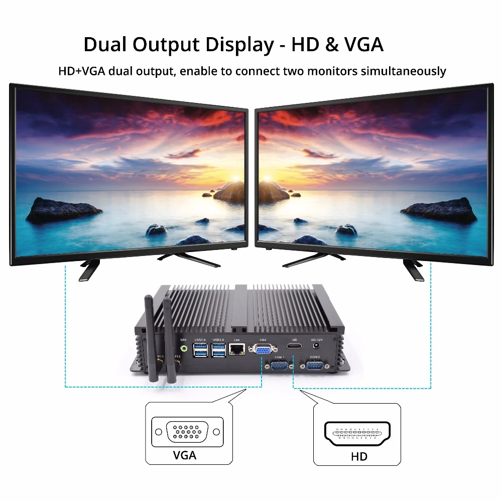 Недорогой промышленный безвентиляторный мини-компьютер телефон 2 * DDR4 SSD COM Rs232 HDMI