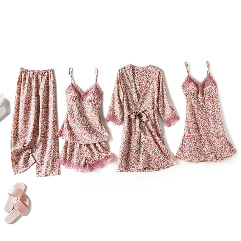 

Leopard Printed Summer Thin Women's Pajamas Sets 5PCs Sexy V-Neck Suspender Night-Robe Noble Unique Female Soft Delicate Beauty