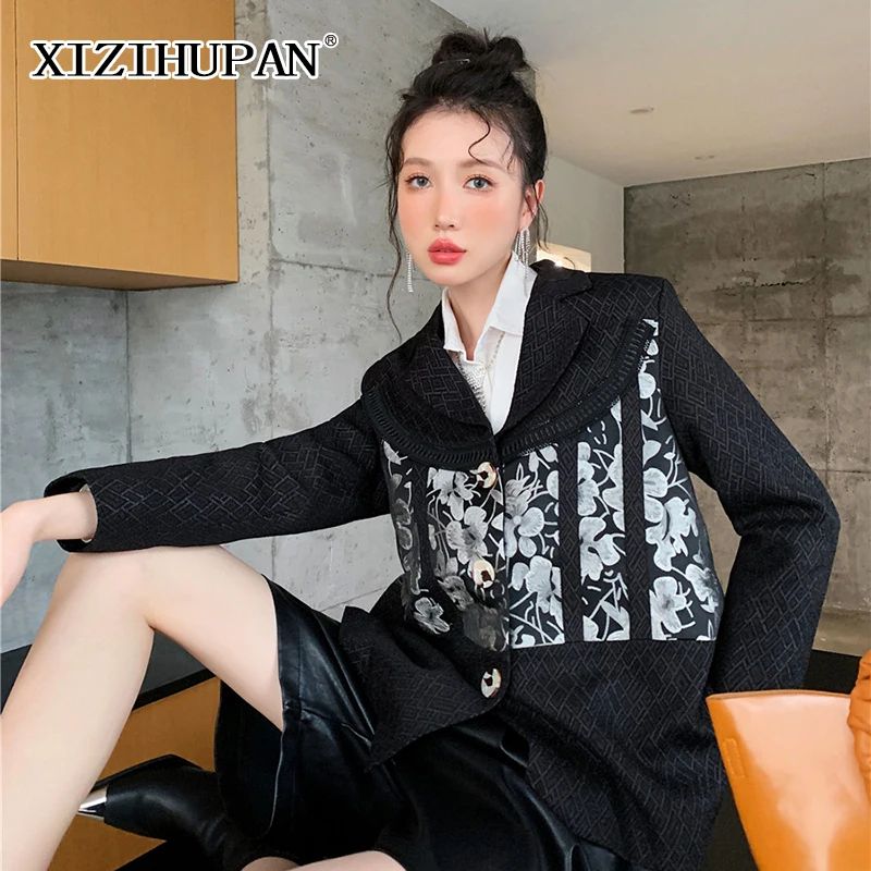 

Женский свободный Блейзер XIZIHUPAN, винтажный черный пиджак с отложным воротником и длинным рукавом, модные женские блейзеры с цветочным принт...