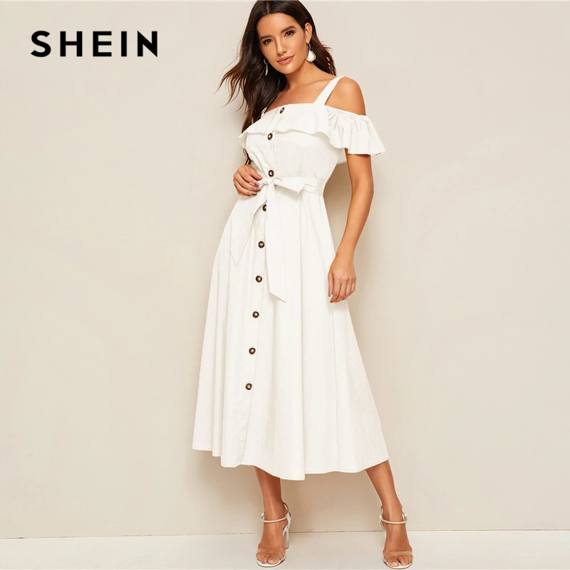 SHEIN белое платье с воланом и откидной пуговицей спереди с поясом женские осенние ремни с открытыми плечами однотонные расклешенные вечерние длинные платья