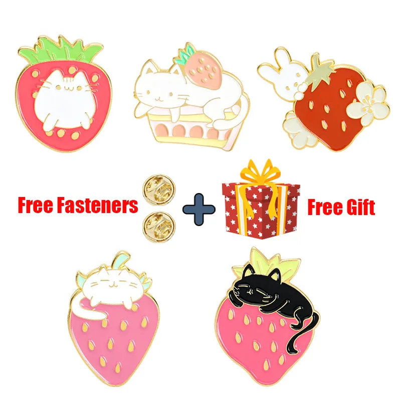 

Strawberry Cake White Cat Enamel Pins Cute Bunny Kitten Custom Brooches Lapel Bag Cartoon Animal Badge Jewelry Gift for Friends