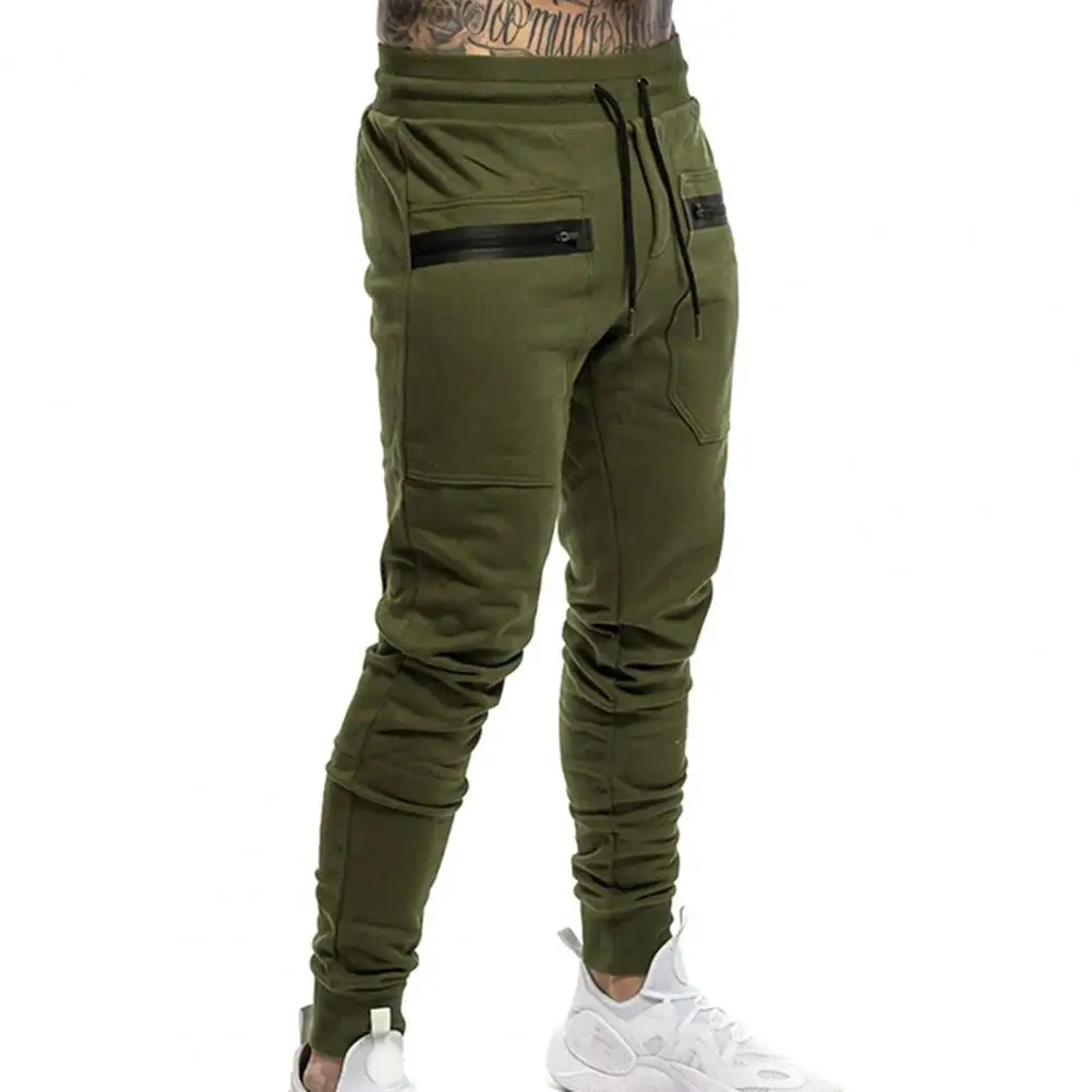 

Zipper Pockets Elastic Waist Training Trousers Men Ribbed Ankle Solid Color Drawstring Men Fitness Pants Sports Outdoor
