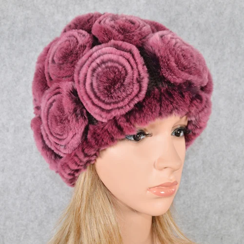 rose red Горячая Распродажа зимние женские вязаные натуральный настоящий мех кролика шапки женские теплые Настоящий мех кролика шапки Цветочные меховые шапочки - Цвет: rose red