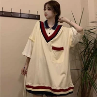 fake two japan polo shirts v neck short sleeved t shirt women preppy loose designed harajuku basketball uniform oversized top