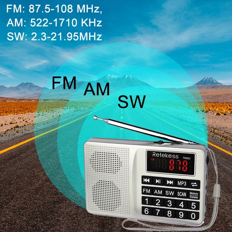 Retekess TR603 AM FM радио коротковолновой транзистор цифровой тюнинговый приемник MP3 плеер Поддержка TF карта перезаряжаемая литий-ионная батарея