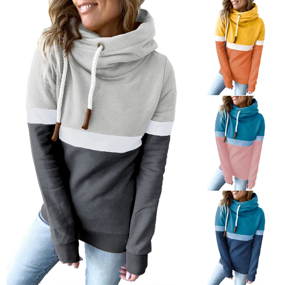 

Womens Hooded Tee Top Ladies Long Sleeve Hoodies Sweatshirt Color Stitching Autumn Winter Warm Causal Blouse