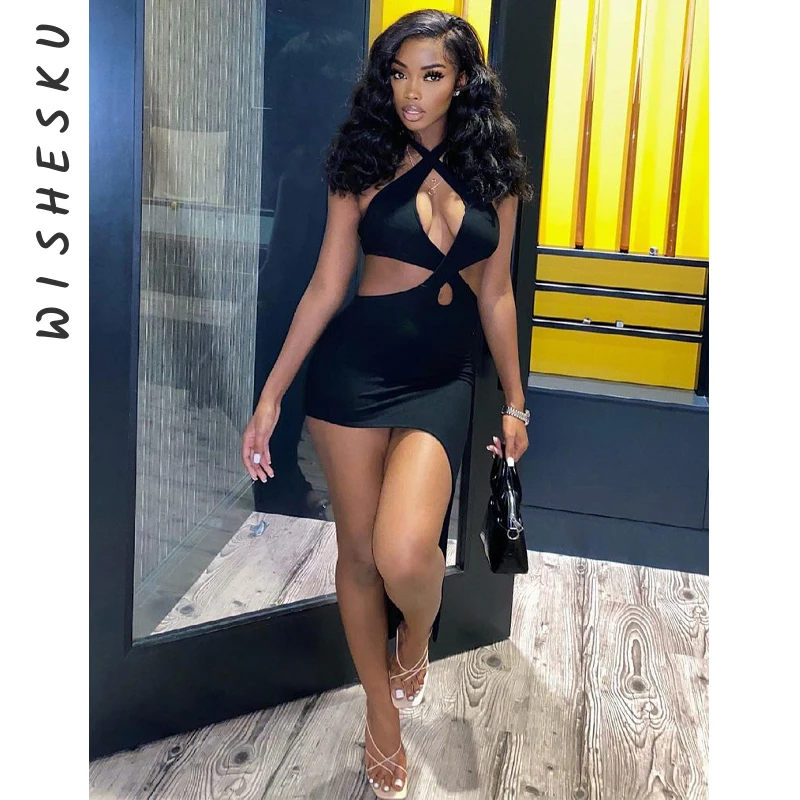 

Halter Sexy Backless Summer Dress Women Sleeveless Asymmetrical Hollow Out Bodycon Mini Dresses 2021 Casual Party Nightclub Robe
