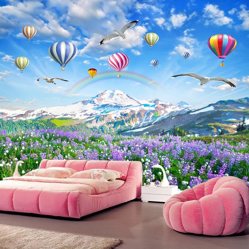 

Custom Wall Mural Lavender Flowers Sea Hot Air Balloon Nature Landscape Photo Wallpaper For Living Room Bedroom Papel De Parede