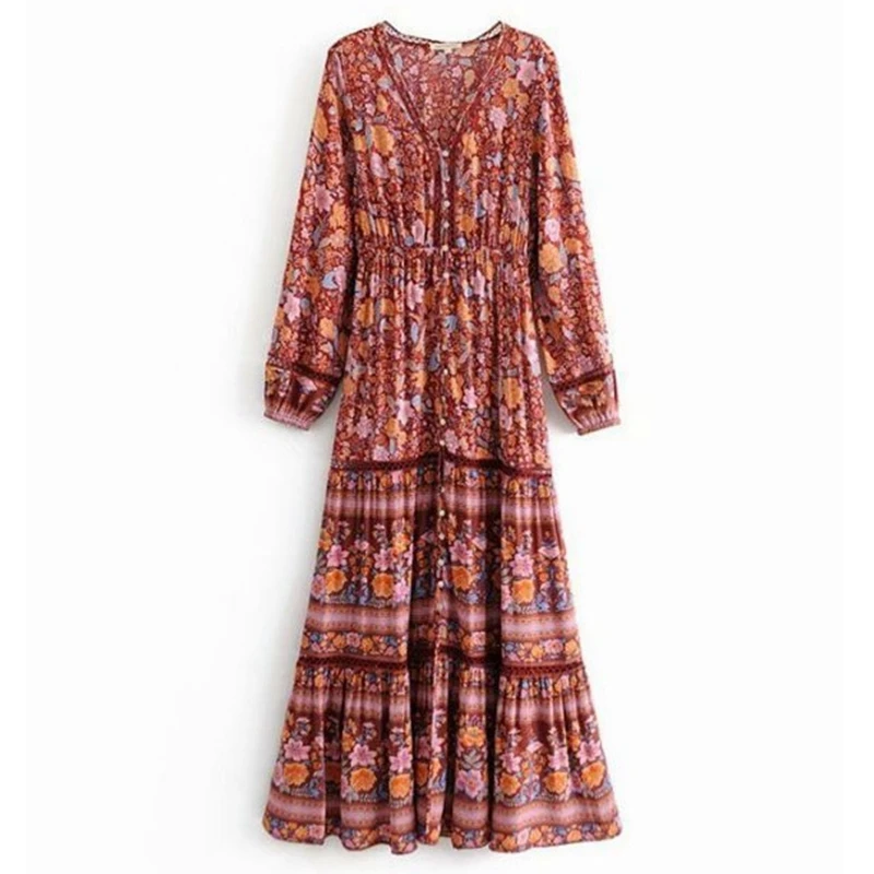 

Mandylandy Printed Dress Women's Single Breasted V-neck Long Sleeve Split Dress Spring Summer Loose Stitching Ruffle Dress