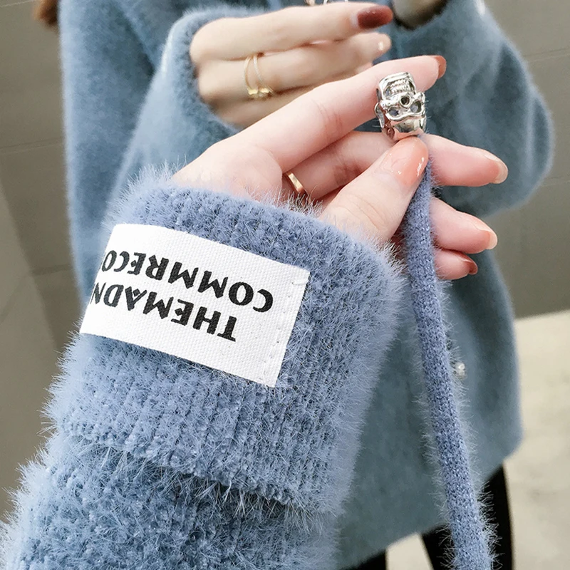 Surmiitro Mink Cashmere Knitted Hoodies Women Autumn Winter Korean Kpop Long Sleeve Hooded Sweatshirt Female Pullover Blue