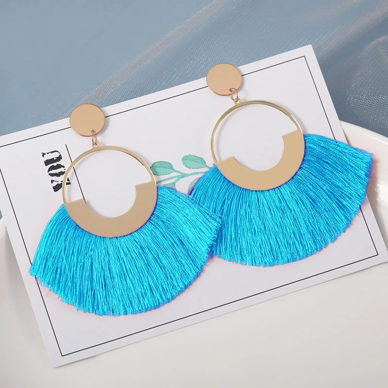 Light Blue Новые модные богемные серьги с кисточками для женщин из хлопка и шелка, длинные висячие серьги с бахромой, вечерние женские ювелирные изделия - Окраска металла: Light Blue