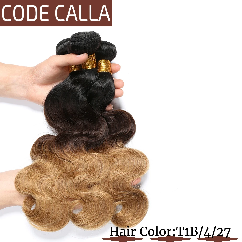 Код Calla Ombre цвет тела волна Связки с 4*4 Кружева Закрытие Необработанные бразильские необработанные девственные человеческие волосы Weft расширение