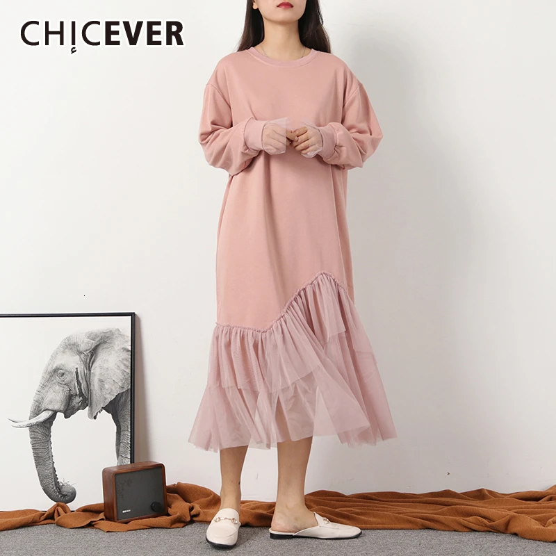 CHICEVER корейское элегантное лоскутное Сетчатое женское платье с круглым вырезом и