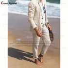 Классические бежевые льняные костюмы для мужчин, летний костюм жениха, шафера, свадьба, пляжный смокинг, модный Индивидуальный Повседневный пиджак и брюки, 2 шт.