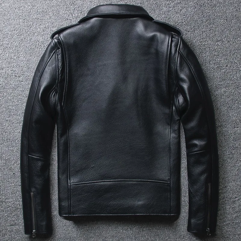 

Мужская байкерская куртка из натуральной коровьей кожи, двухслойная байкерская куртка с поясом и Диагональной молнией, короткая модная кож...