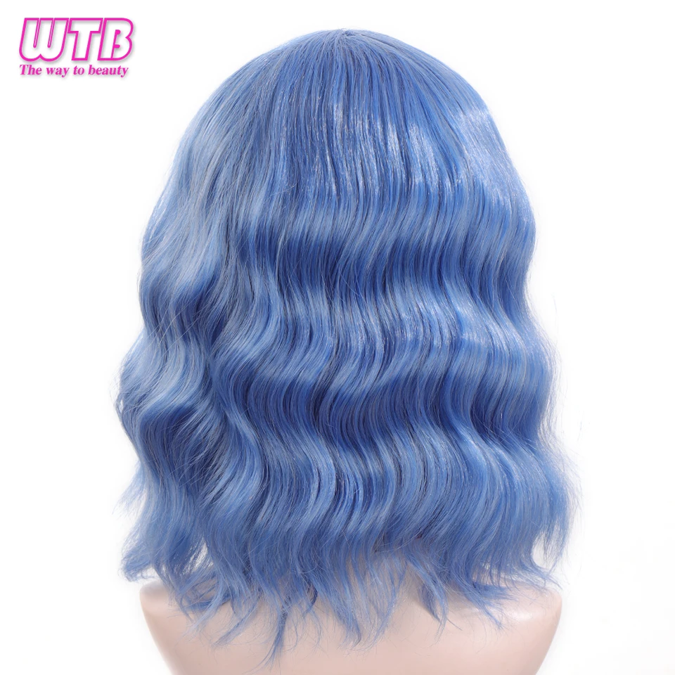 

WTB Short Bob Wig No with Bangs for Women Synthetic Wavy Blue Middle Part Wigs for Party Daily Use Shoulder Length False Hair