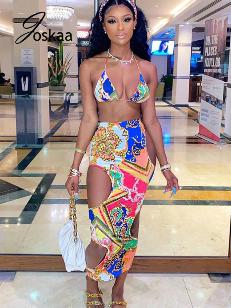 

Joskaa Print Halter Bra+High Waist Hollow Out Hole Skirt 2 Piece Sets Women Holiday Beachwear Summer 2021 Sexy Night Clubwear