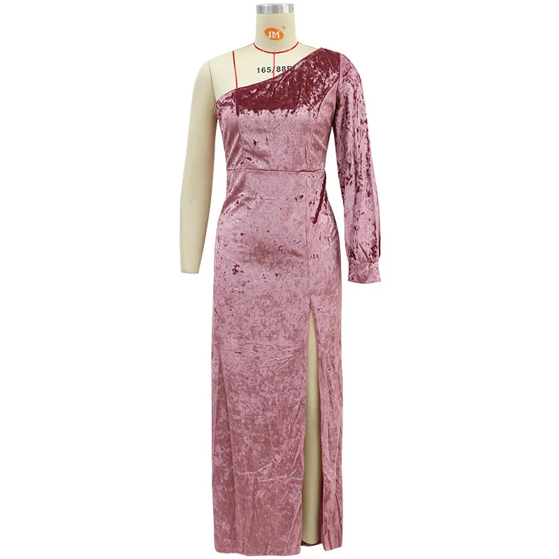 

WEPBEL Women's Elegant Long Sleeve One-Shoulder Slash Neck Split High Waist Dress Spring and Summer Sexy Solid Color Slim Dress