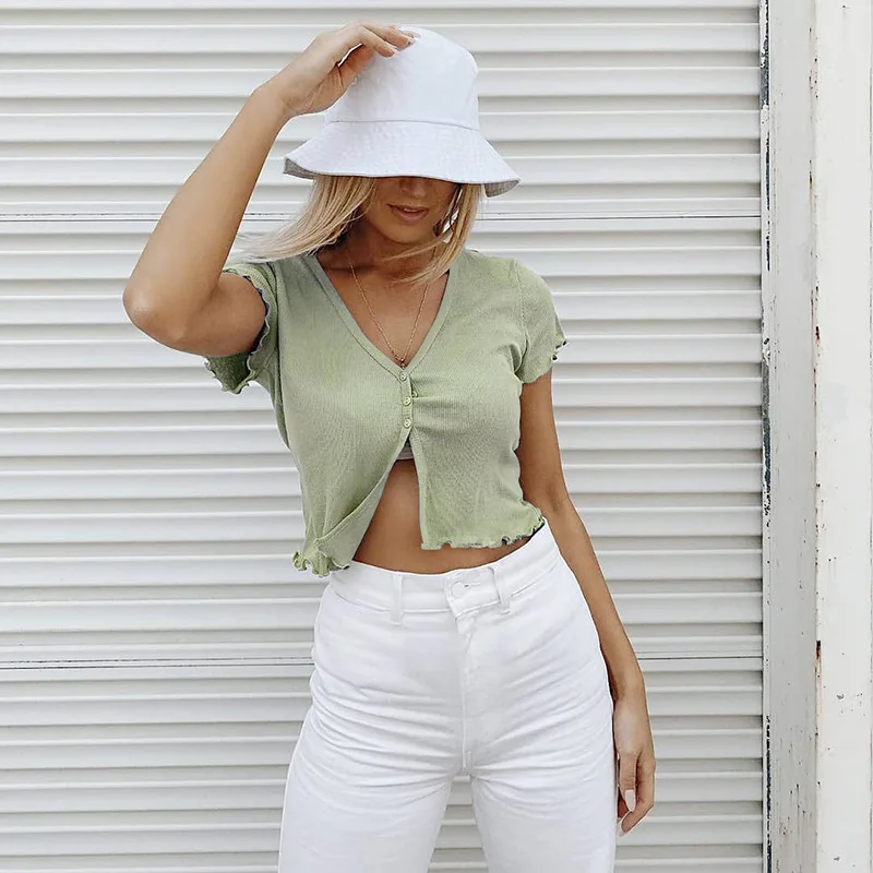 

Harajuku Women'S T-Shirts Button V Neck Knitted Crop Top Sexy Short Sleeve Tee 2020 Summer Korean Style Female Kawaii Clothes