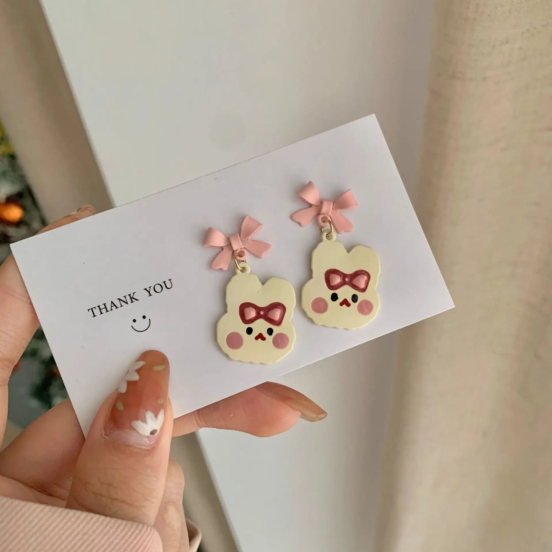 

S925 Silver Needle 2021 New Japanese Sweet Pink Bow Cute Bunny Drop Earrings for Girl without Pierced Ear Clips Earring