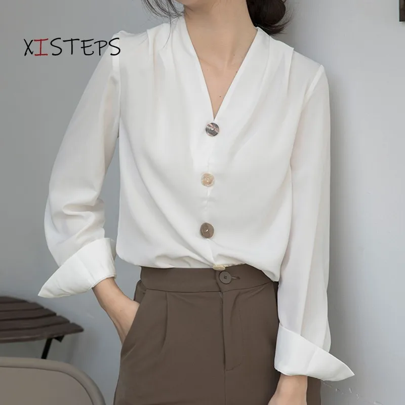 French Style V-neck Chiffon Blouses Women 2021 Professional Chic Shirts White Autumn Spring OL Office Work Wear Designer Tops