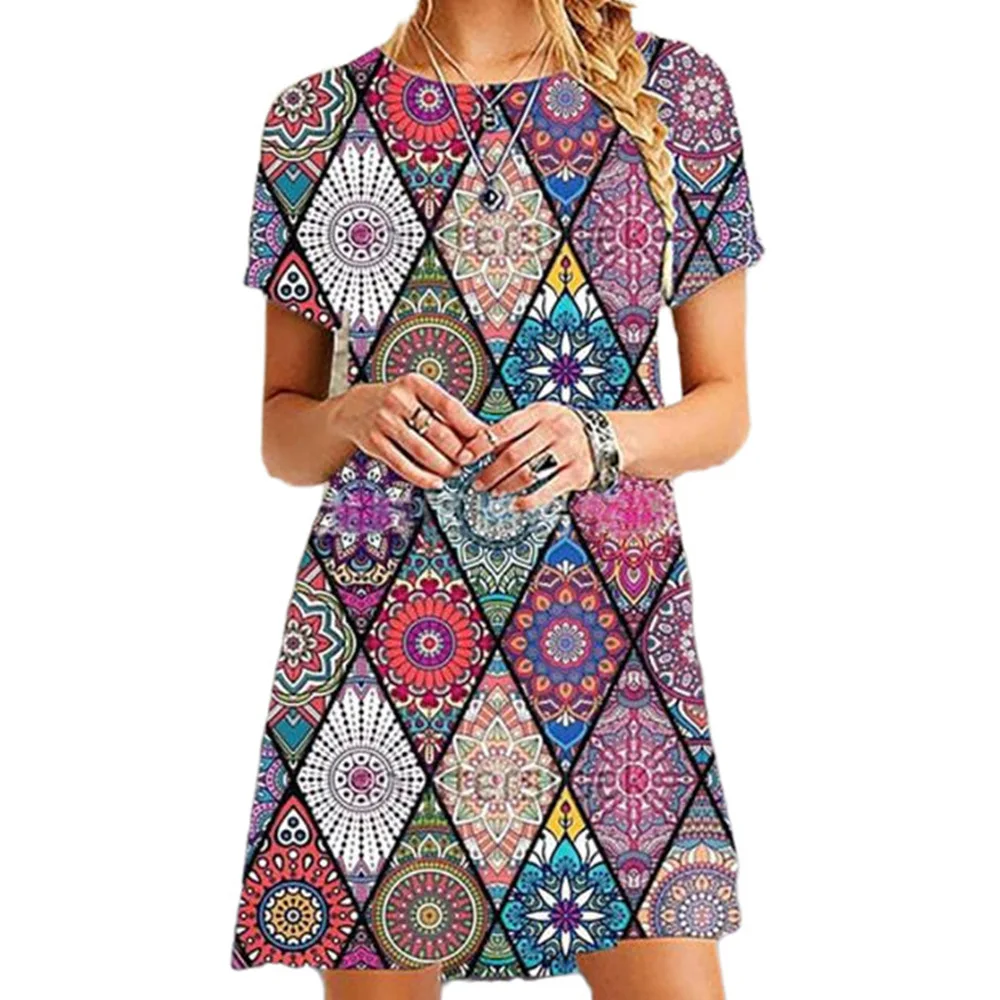 

2021 Women Short Sleeve O-neck Dress Summer Rhombus Ethnic Style Print A-line Dresses Girls Slim Beach Sundress Vestidos