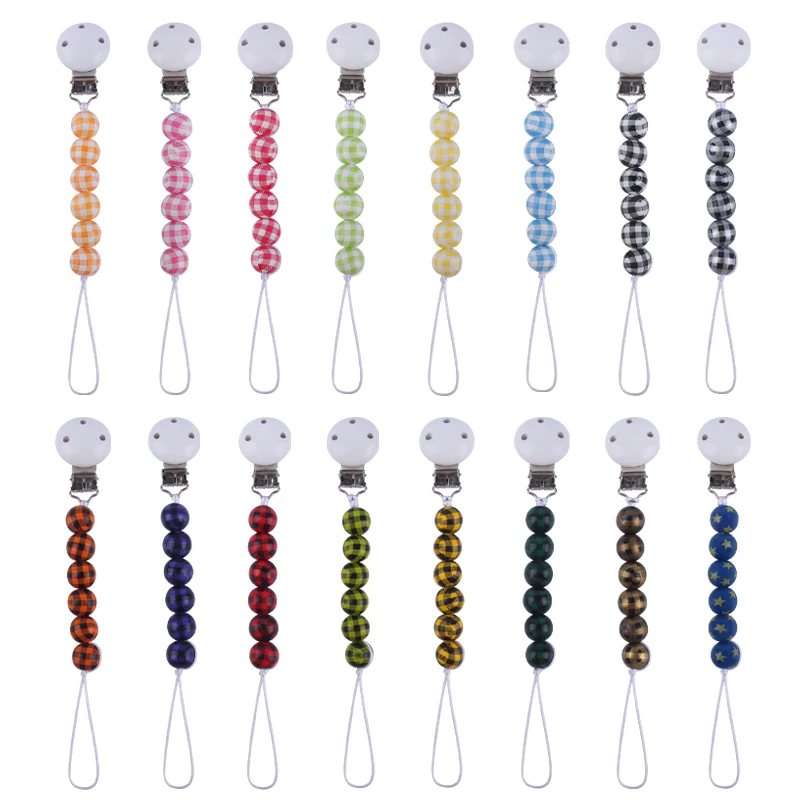 

Classic Plaid 16mm Wood Round Beads Little Baby Pacifier Holder Cute Nursing Dummy Soother Chain