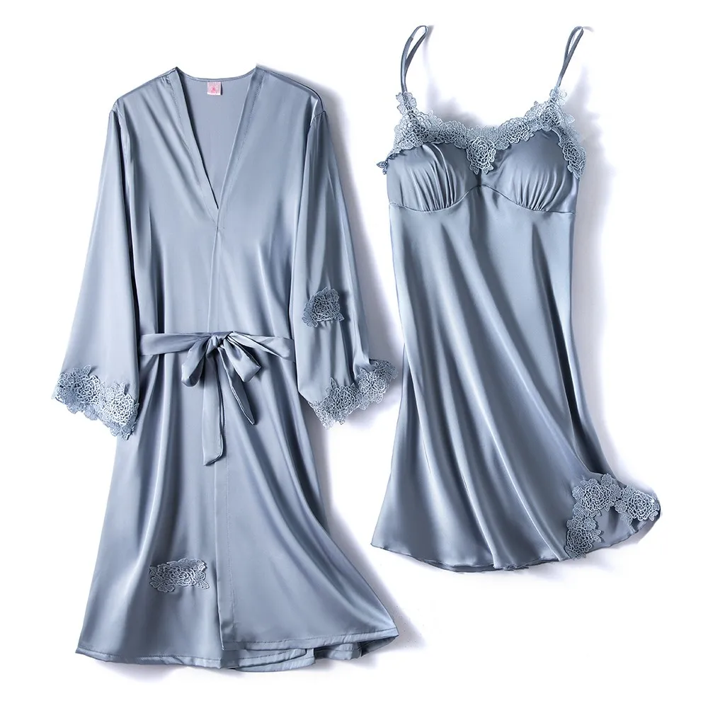 

Комплект женский кружевной из 2 предметов, атласный халат-кимоно, ночная рубашка для сна, летняя Ночная сорочка для невесты, свадебная ночна...