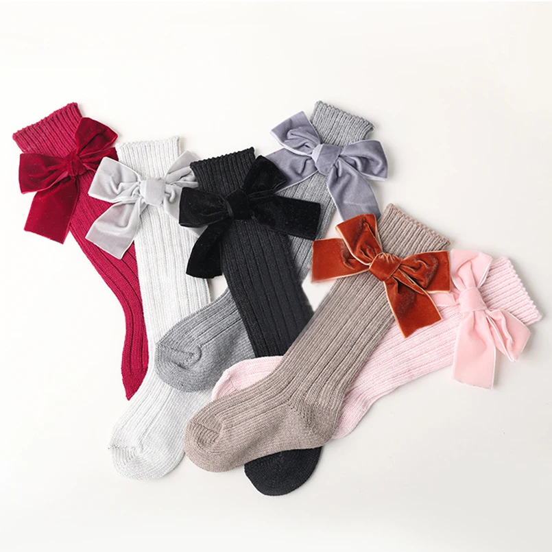 Широкие бархатные дизайнерские гольфы до колена с бантом и лентой для девочек