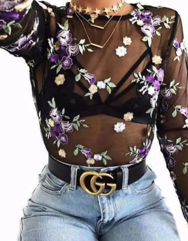 

Mesh Embroidered Long-sleeved Short Top T-shirt Women's Clothing Long Sleeve Summer Tops for Women