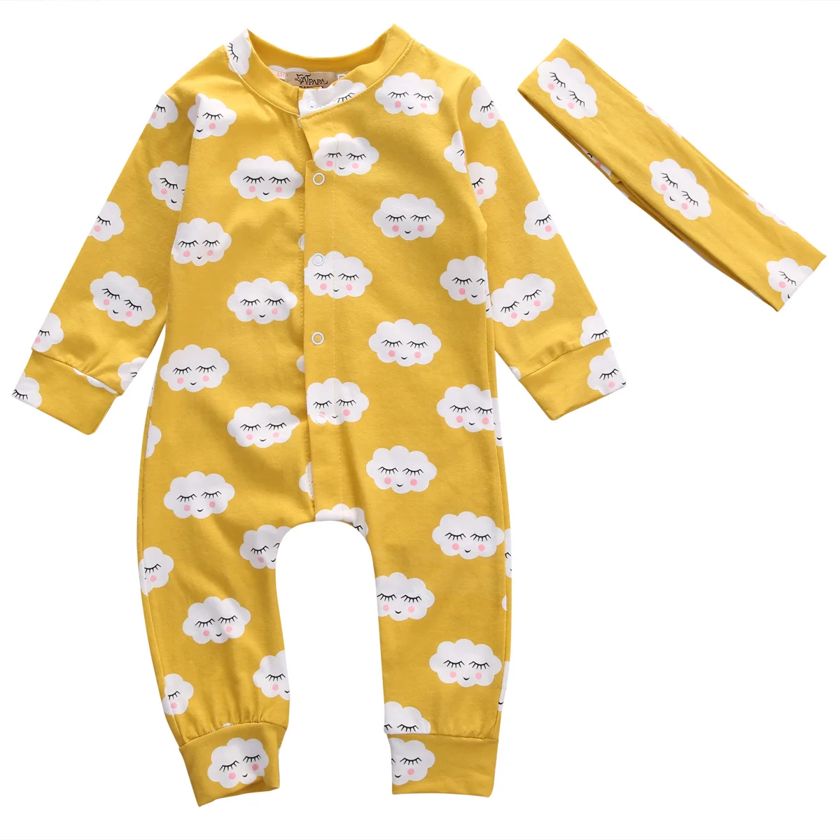 

Toddler Newborn Baby Girls Cloud Print Long Sleeve Single Breasted Romper Jumpsuit Headband Set 0-18M