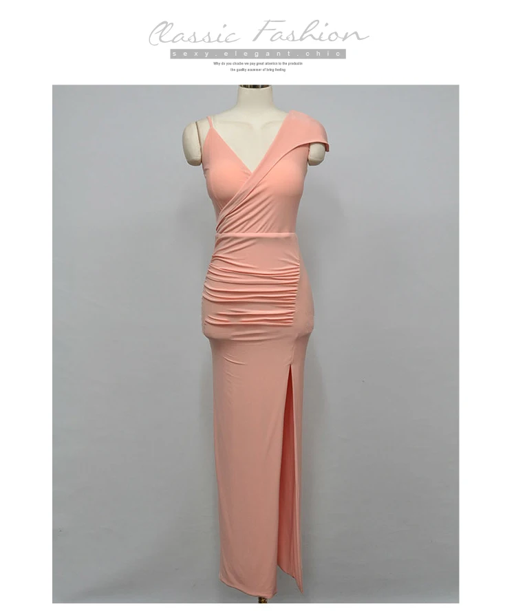 Однотонные высокий разрез пикантное платье с v образным вырезом Тонкие вечерние