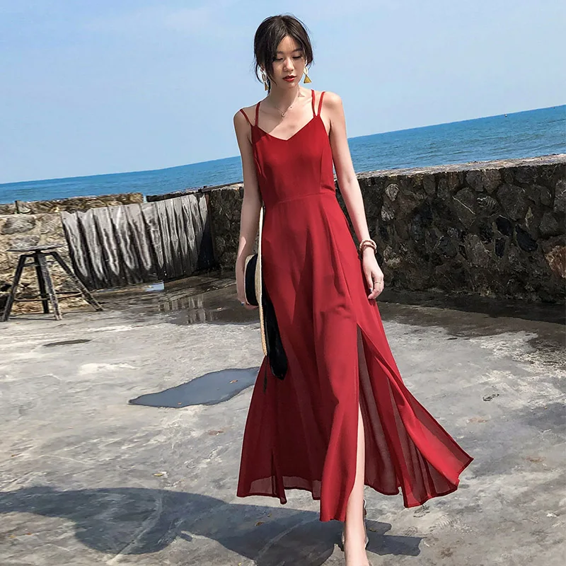 Женский красный Макси-сарафан с открытой спиной узкое Летнее Длинное пляжное
