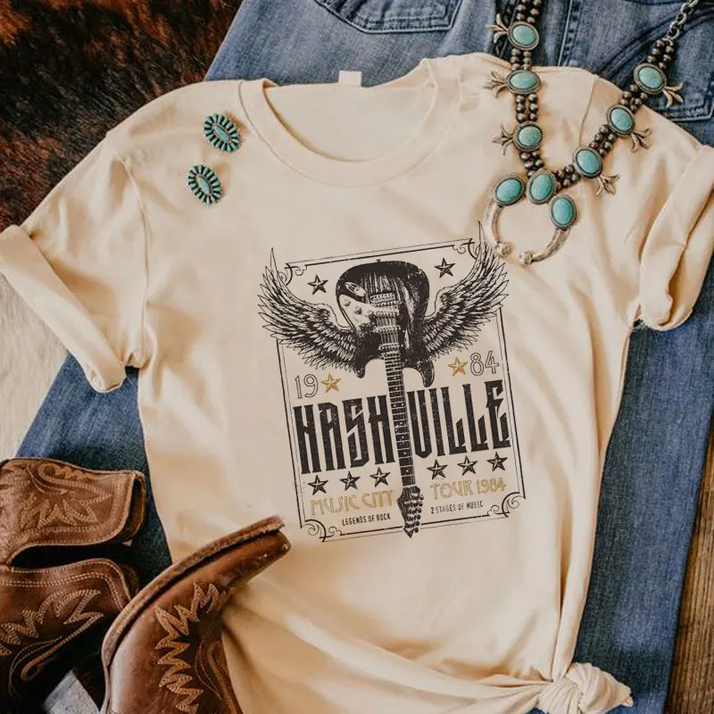 

Nashville Guitar Print Country Music T Shirt Cotton Loose Vintage Boho Women's T-Shirt Female Tennessee Graphic Tshirt Retro Top